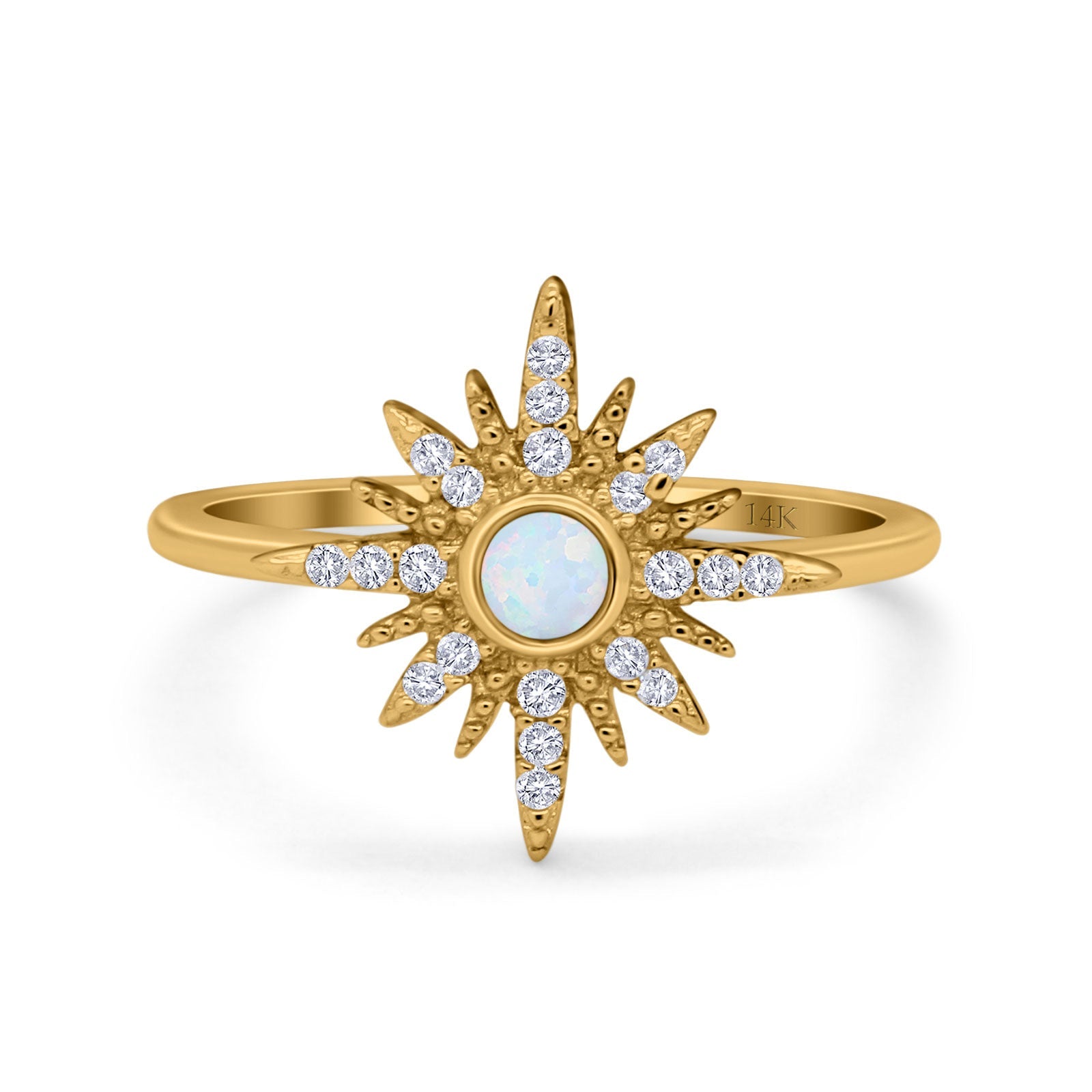 14K Yellow Gold Cluster Starburst Ring Round Lab Created White Opal Bridal Simulated CZ Wedding Engagement Size-7