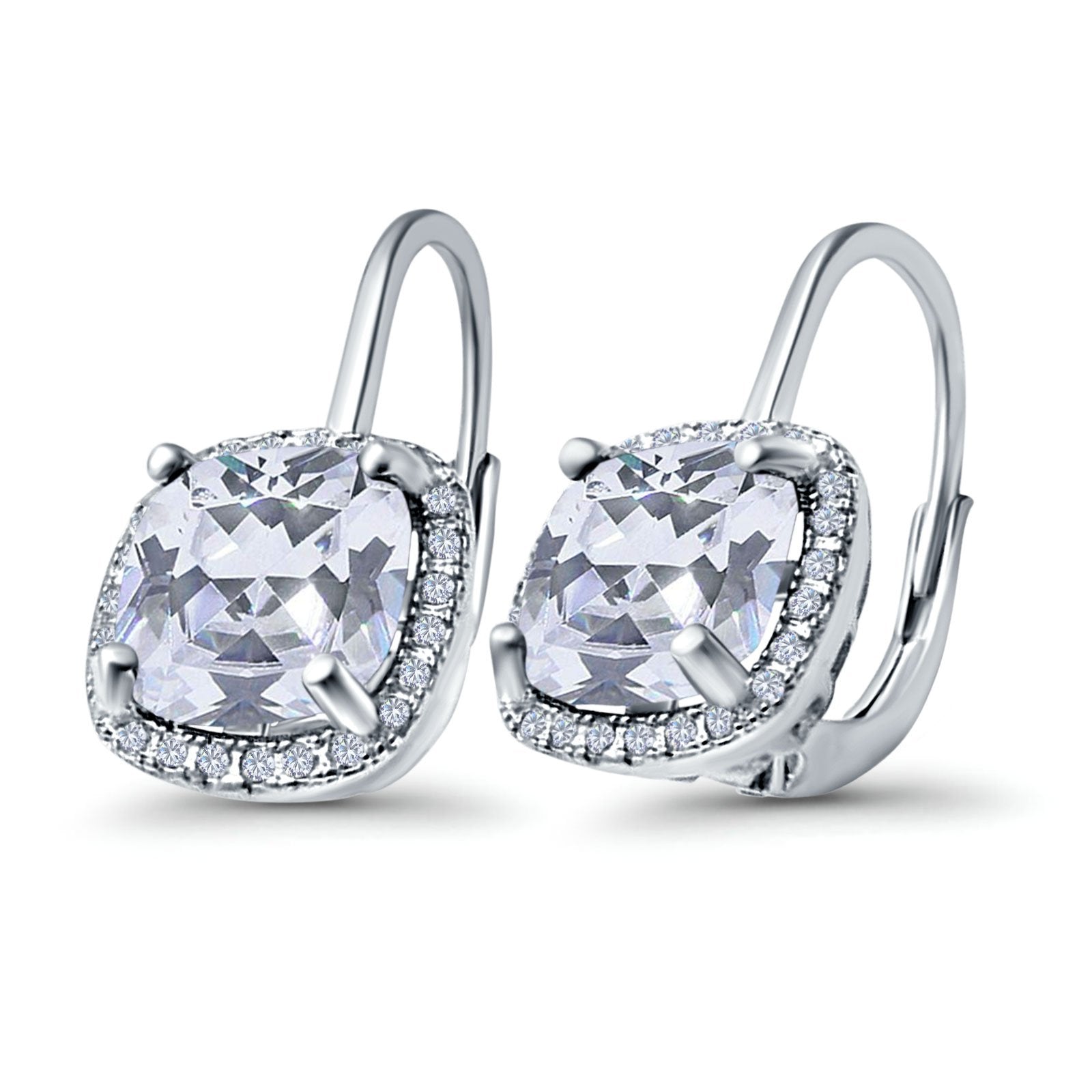 14K White Gold Cushion Halo Leverback Earrings Round Cubic Zirconia
