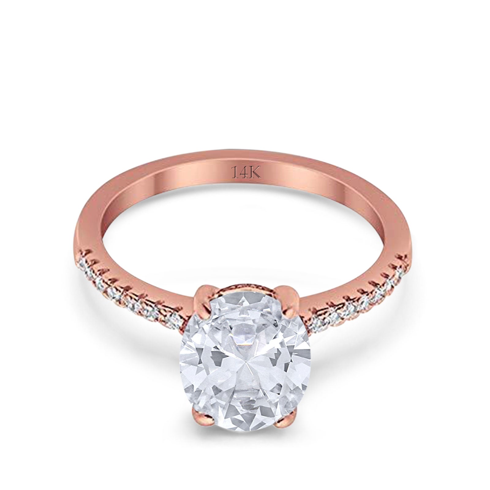 14K Rose Gold Halo Oval Split Shank Wedding Ring Simulated Cubic Zirconia Size-7
