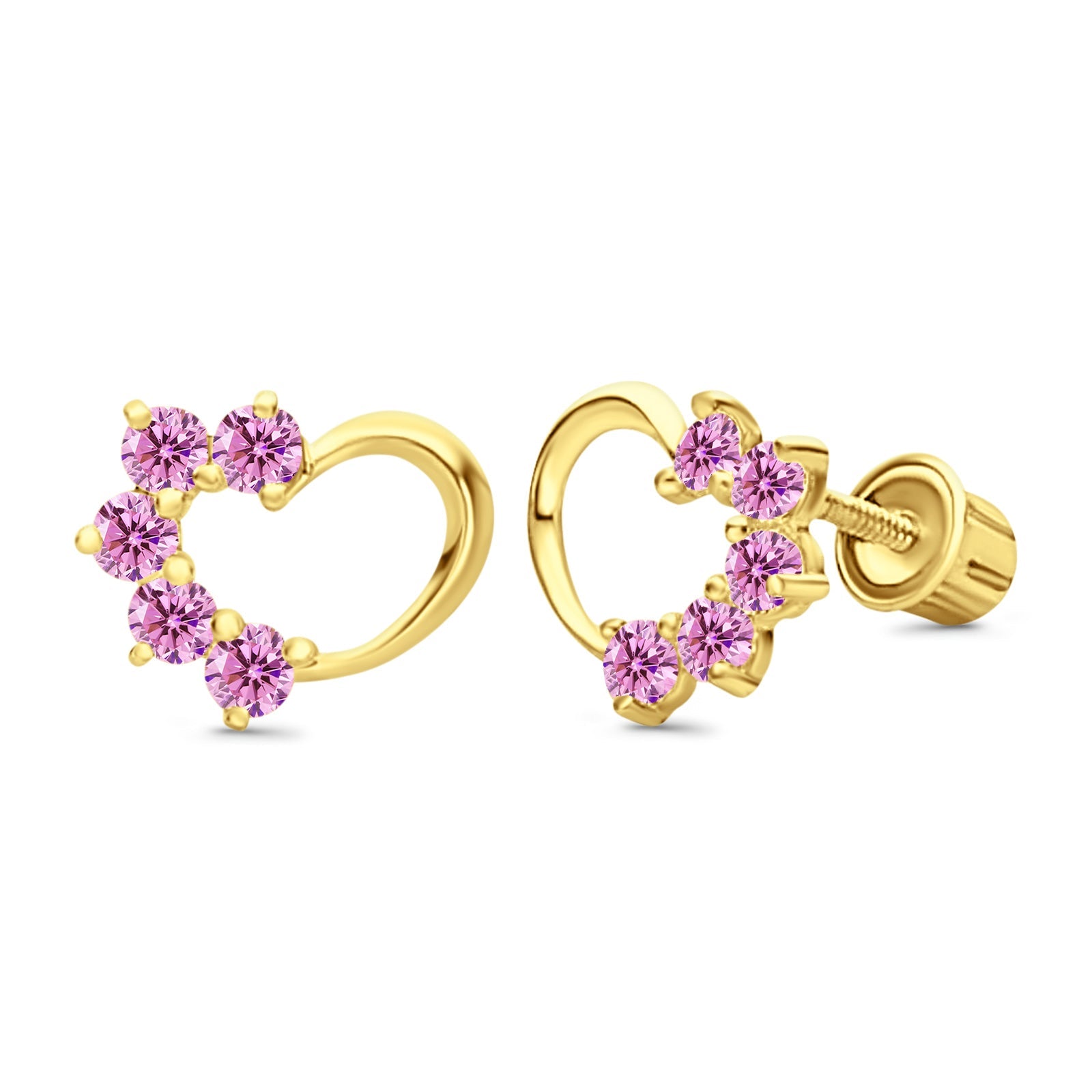 Solid 14K Yellow Gold Heart Stud Earrings Simulated Pink CZ with Screw Back