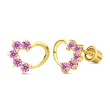 Solid 14K Yellow Gold Heart Stud Earrings Simulated Pink CZ with Screw Back