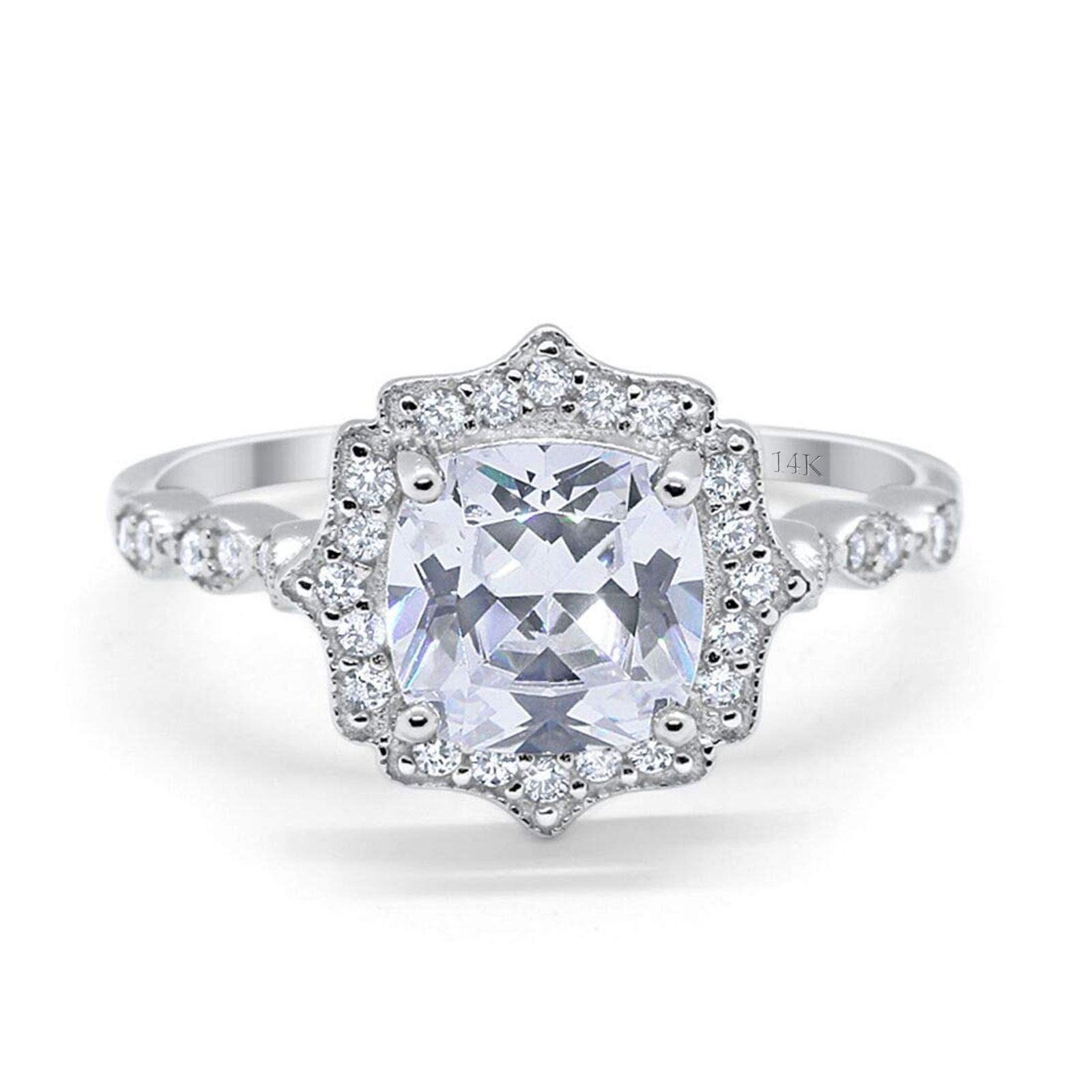 14K White Gold Art Deco Wedding Ring Cushion Cut Simulated Cubic Zirconia