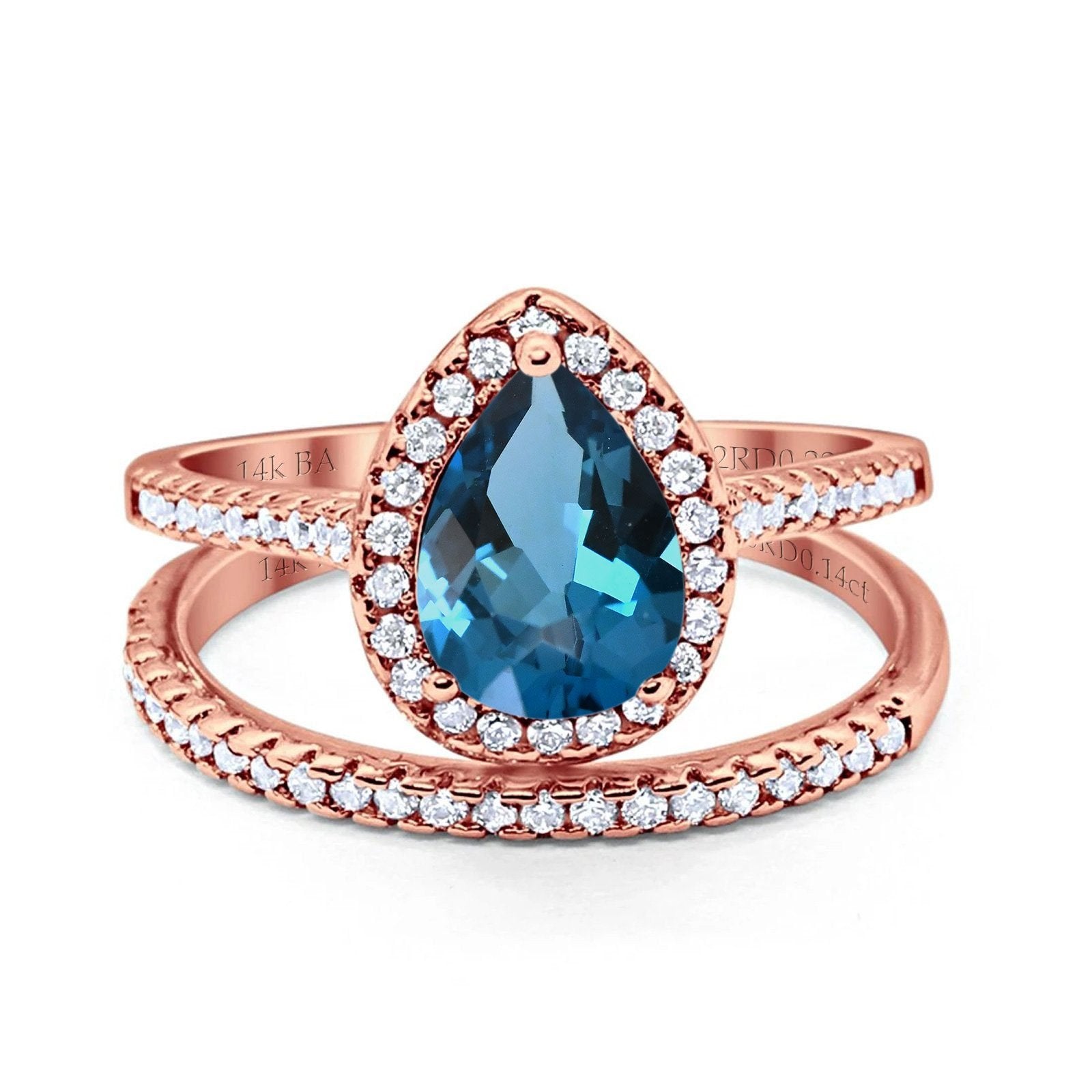 14K Rose Gold 1.62ct Pear 8mmx6mm G SI London Blue Topaz Diamond Bridal Engagement Wedding Ring Size 6.5
