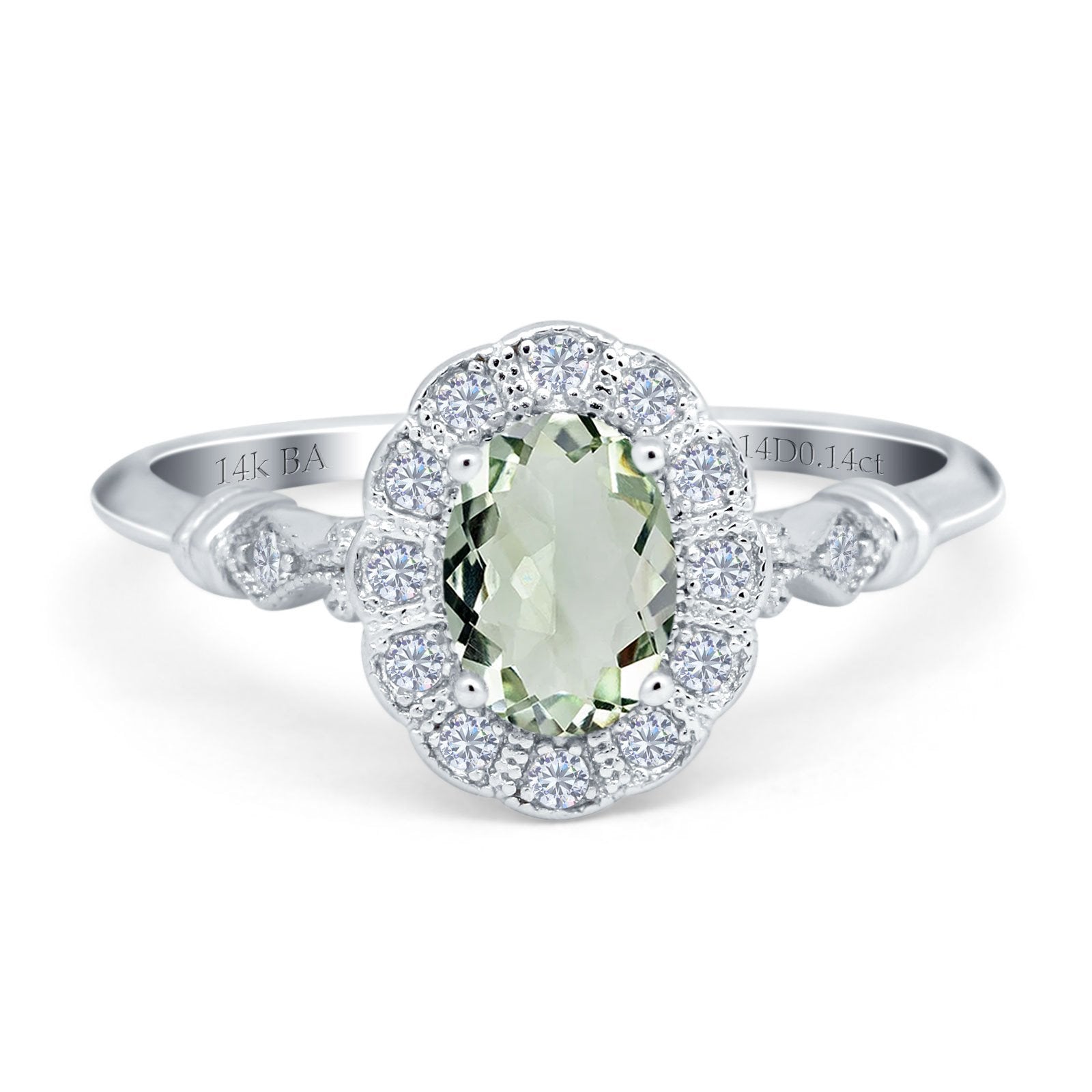 14K White Gold 0.9ct Oval 7mmx5mm G SI Natural Green Amethyst Diamond Engagement Wedding Ring Size 6.5