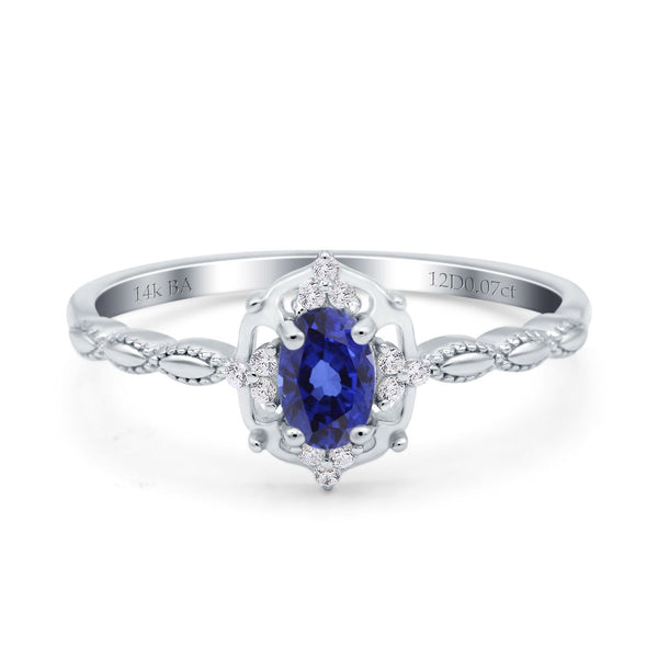 Oval Sapphire Vintage Diamond Ring. 14k White Gold Art Deco