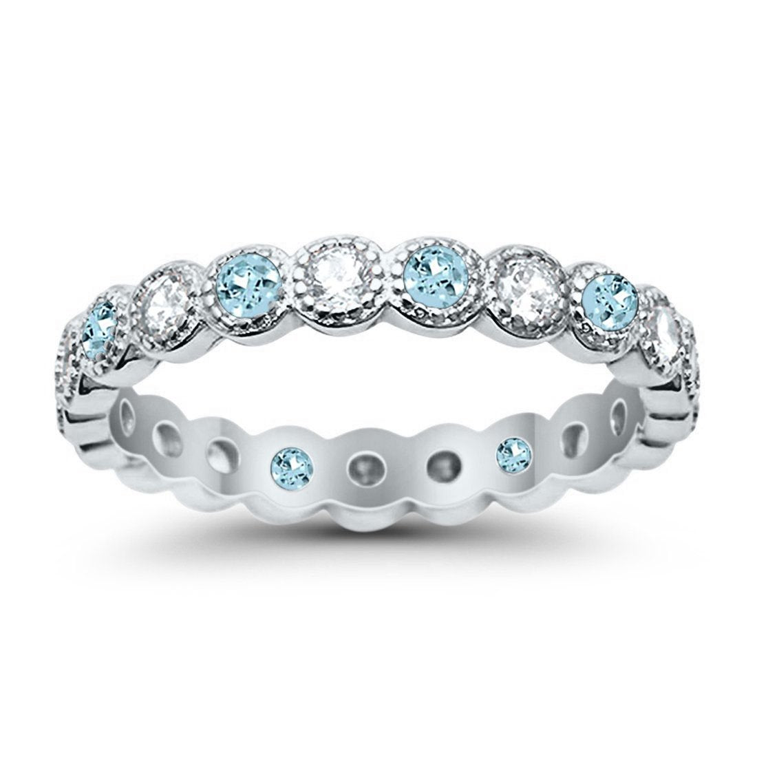 Bezel Set Full Eternity Ring Round Simulated Aquamarine CZ 925 Sterling Silver