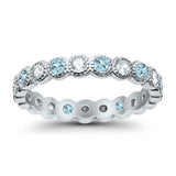 Bezel Set Full Eternity Ring Round Simulated Aquamarine CZ 925 Sterling Silver