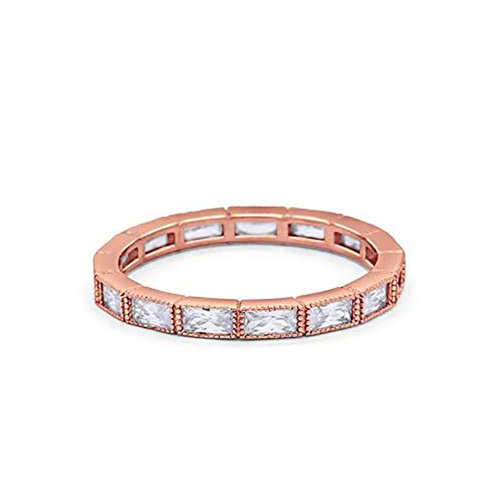 Baguette Full Eternity Wedding Ring Rose Tone, Simulated CZ 925 Sterling Silver