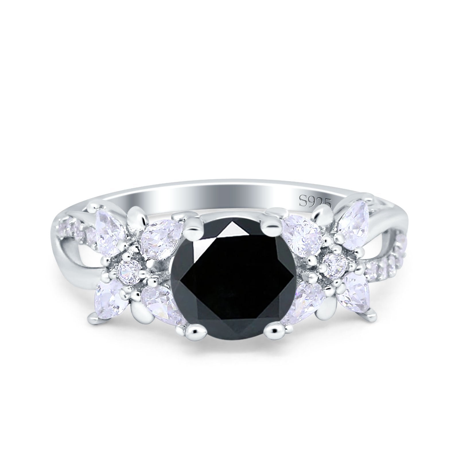 Art Deco Wedding Bridal Ring Round Simulated Black CZ 925 Sterling Silver