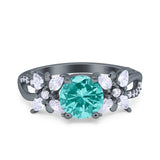 Art Deco Wedding Bridal Ring Round Black Tone, Simulated Paraiba Tourmaline CZ 925 Sterling Silver