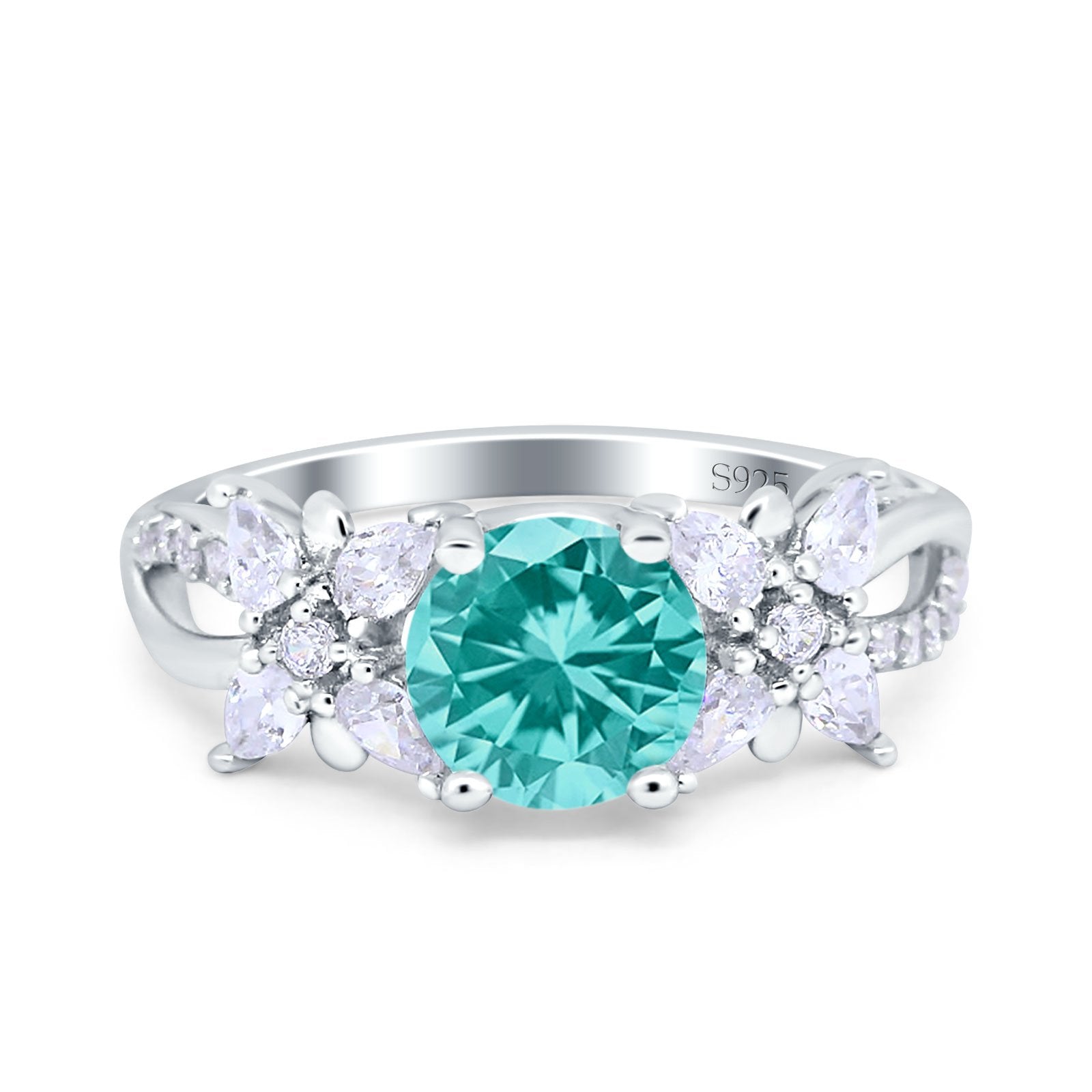 Art Deco Wedding Bridal Ring Round Simulated Paraiba Tourmaline CZ 925 Sterling Silver