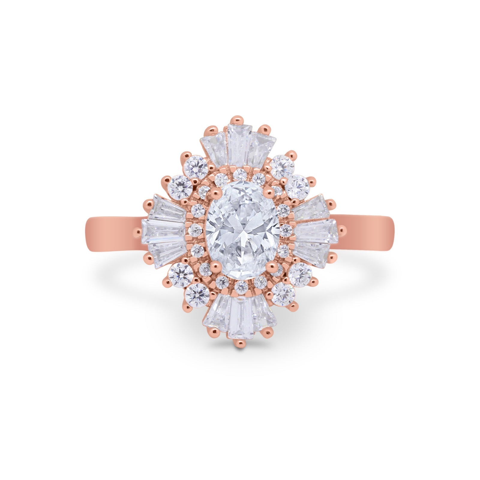 Art Deco Vintage Oval Halo Wedding Ring Rose Tone, Simulated Cubic Zirconia 925 Sterling Silver