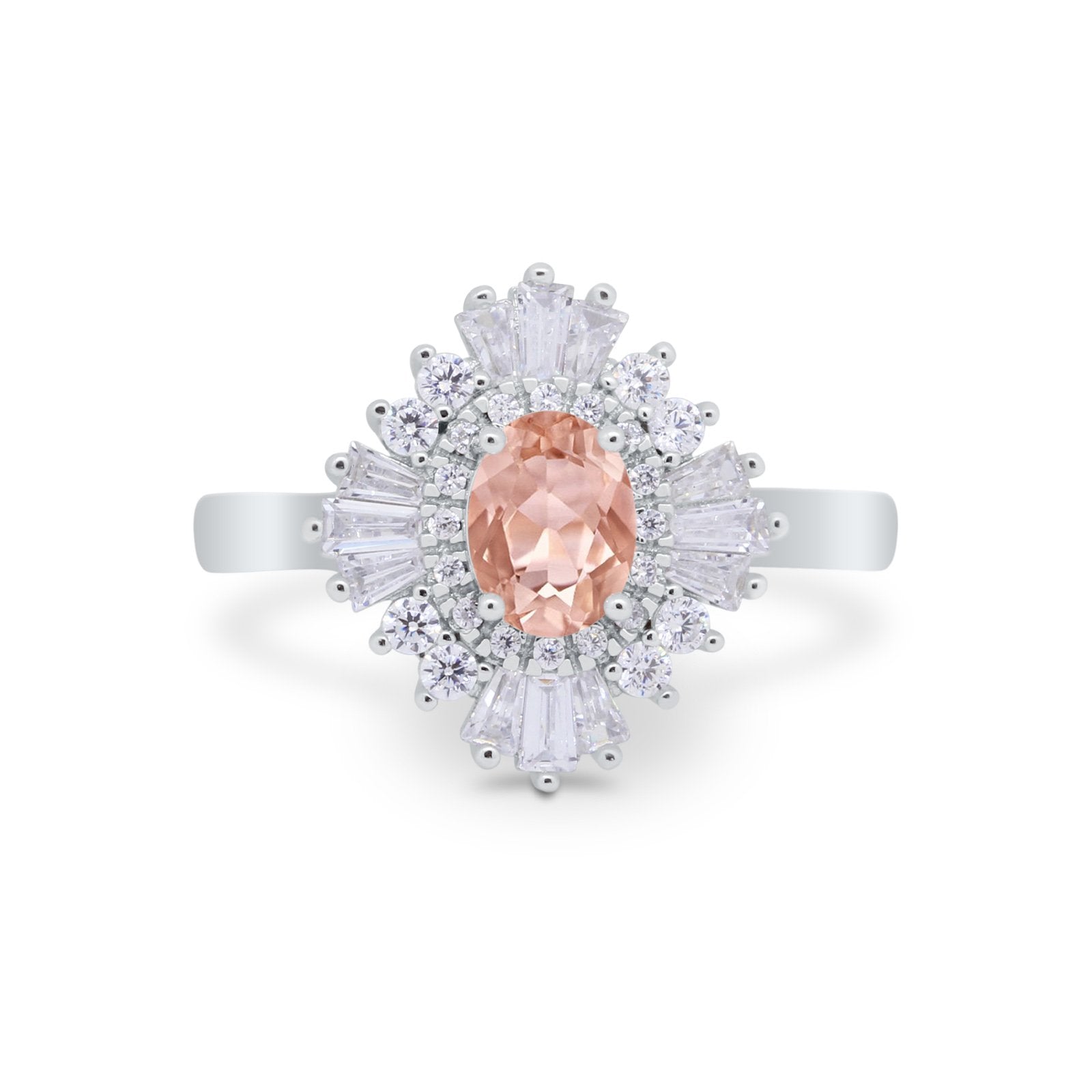 Art Deco Vintage Oval Halo Wedding Ring Simulated Morganite CZ 925 Sterling Silver