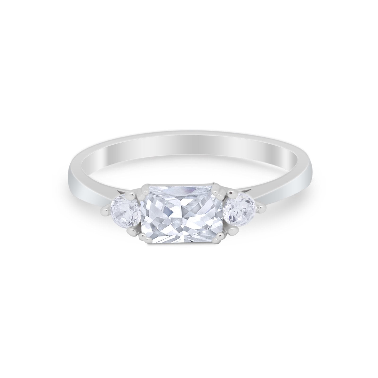 Three Stone Wedding Ring Emerald Cut Round Simulated CZ 925 Sterling Silver