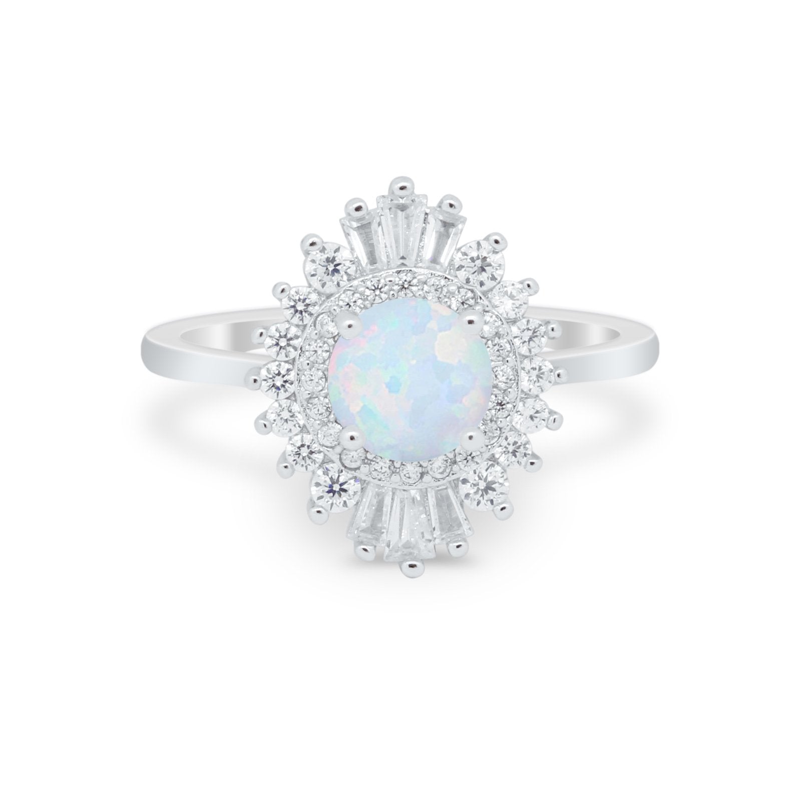 Art Deco Wedding Bridal Ring Baguette Lab Created White Opal 925 Sterling Silver