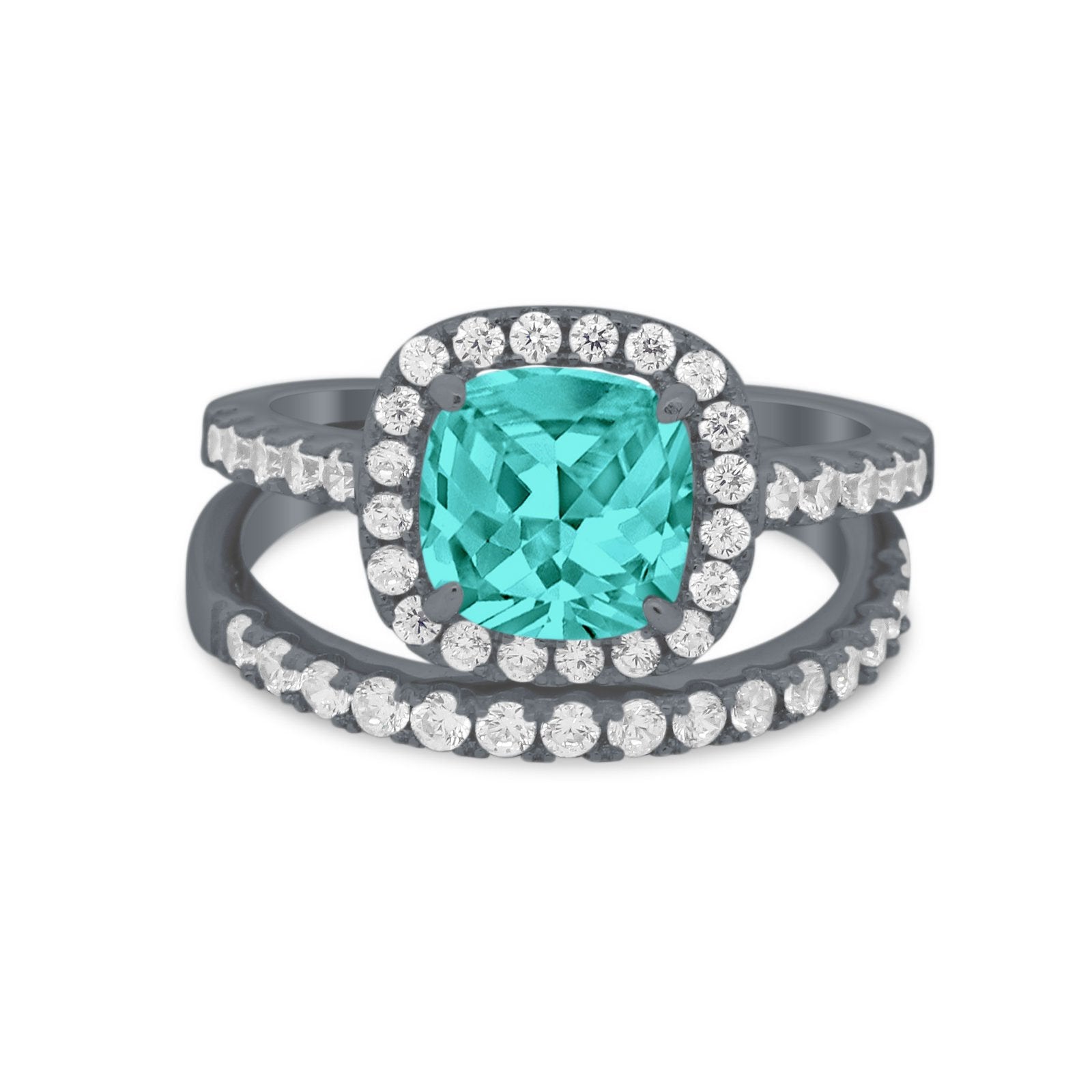 Two Piece Cushion Art Deco Wedding Ring Black Tone, Simulated Paraiba Tourmaline CZ 925 Sterling Silver
