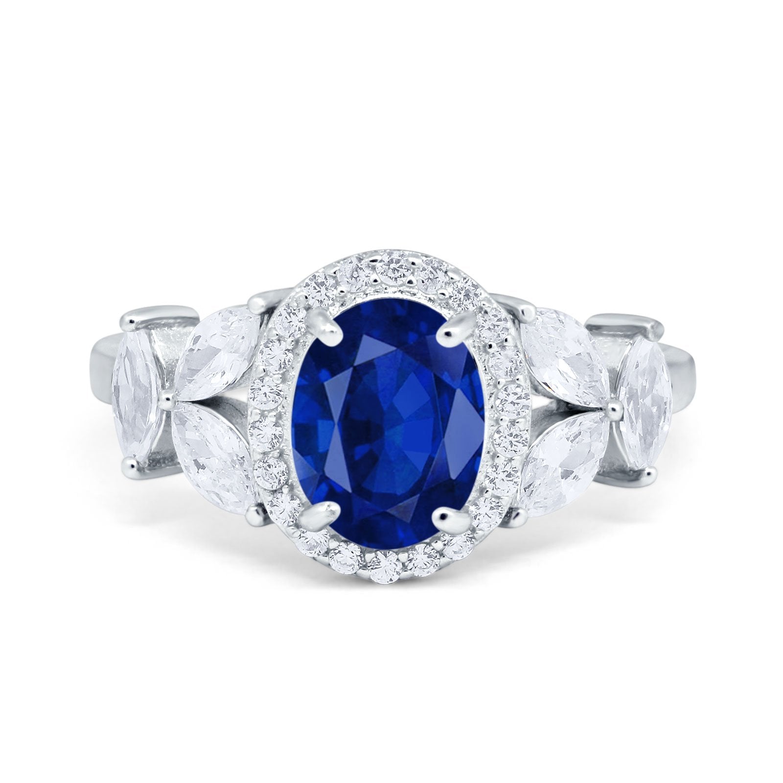 Oval Art Deco Engagement Ring Simulated Blue Sapphire CZ 925 Sterling Silver
