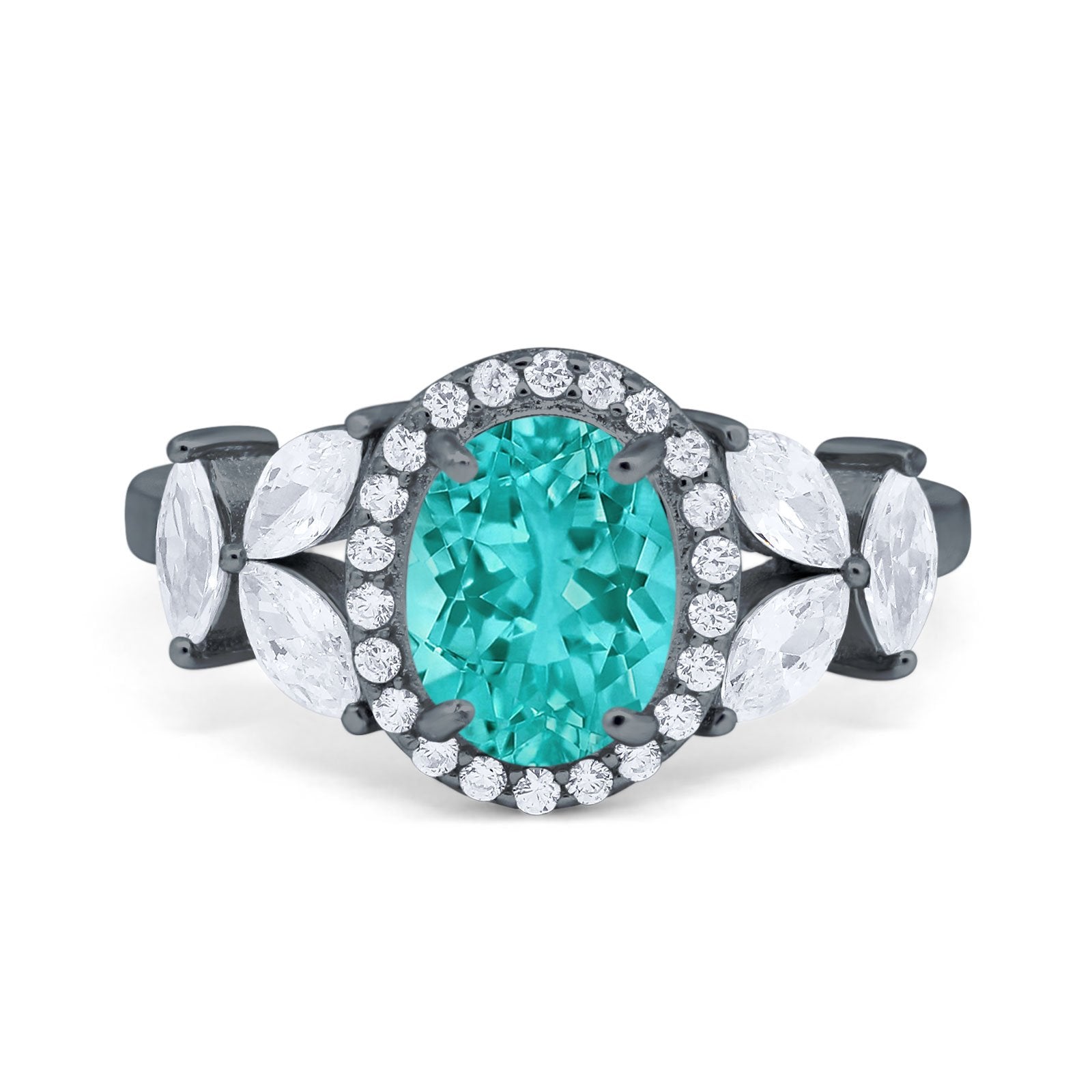 Oval Art Deco Engagement Ring Black Tone, Simulated Paraiba Tourmaline CZ 925 Sterling Silver