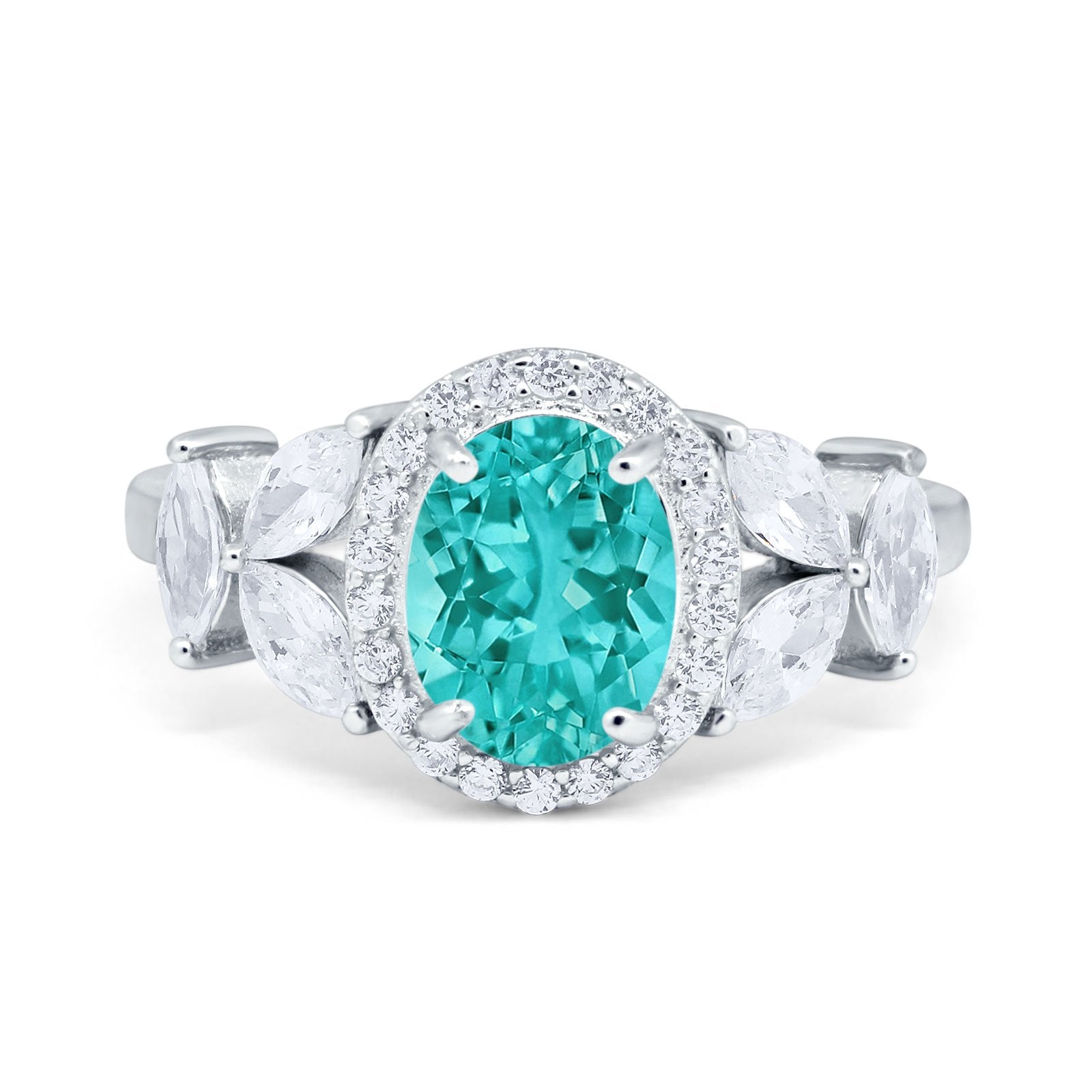 Oval Art Deco Engagement Ring Simulated Paraiba Tourmaline CZ 925 Sterling Silver