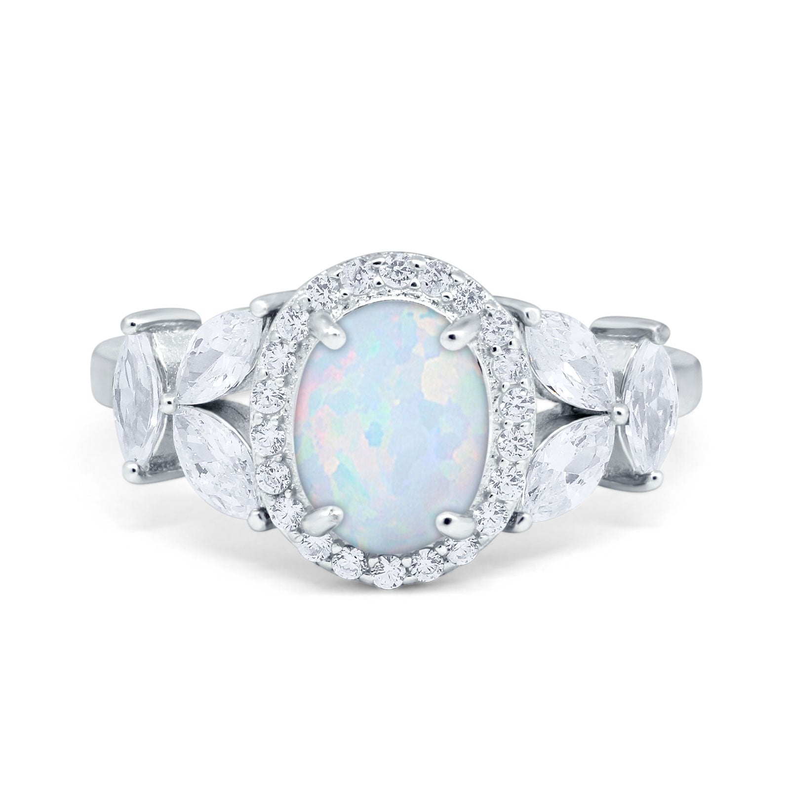 Oval Art Deco Engagement Ring Lab Created White Opal 925 Sterling Silver