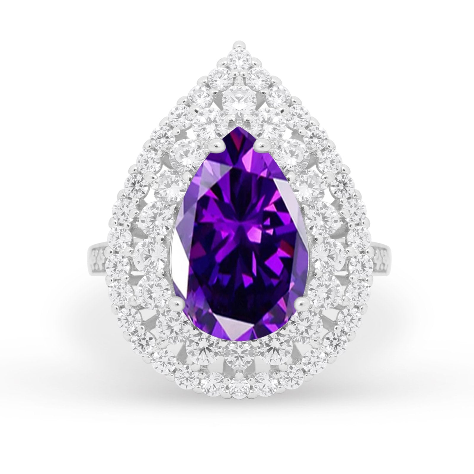 Teardrop Cocktail Ring Pear Simulated Amethyst CZ 925 Sterling Silver