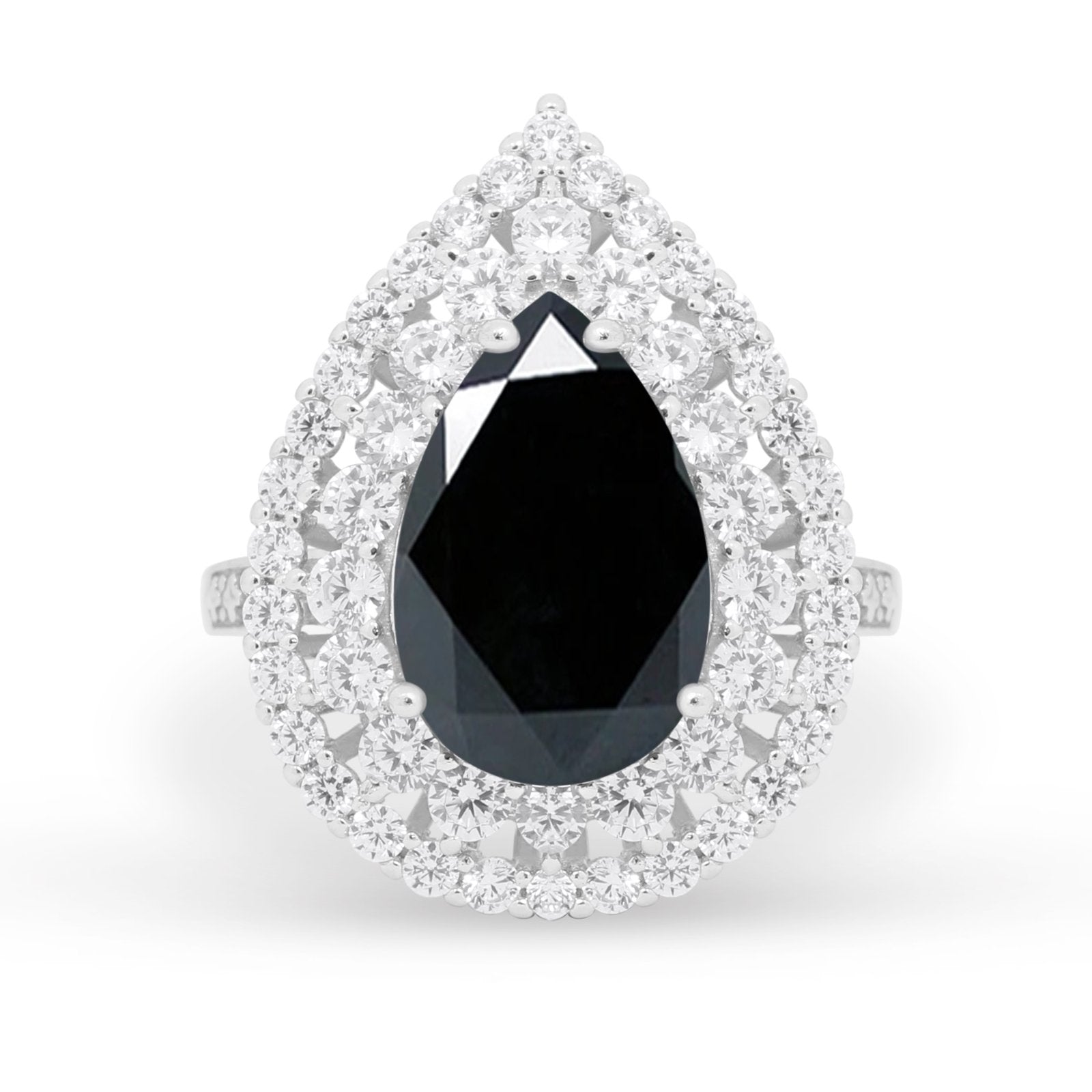 Teardrop Cocktail Ring Pear Simulated Black CZ 925 Sterling Silver