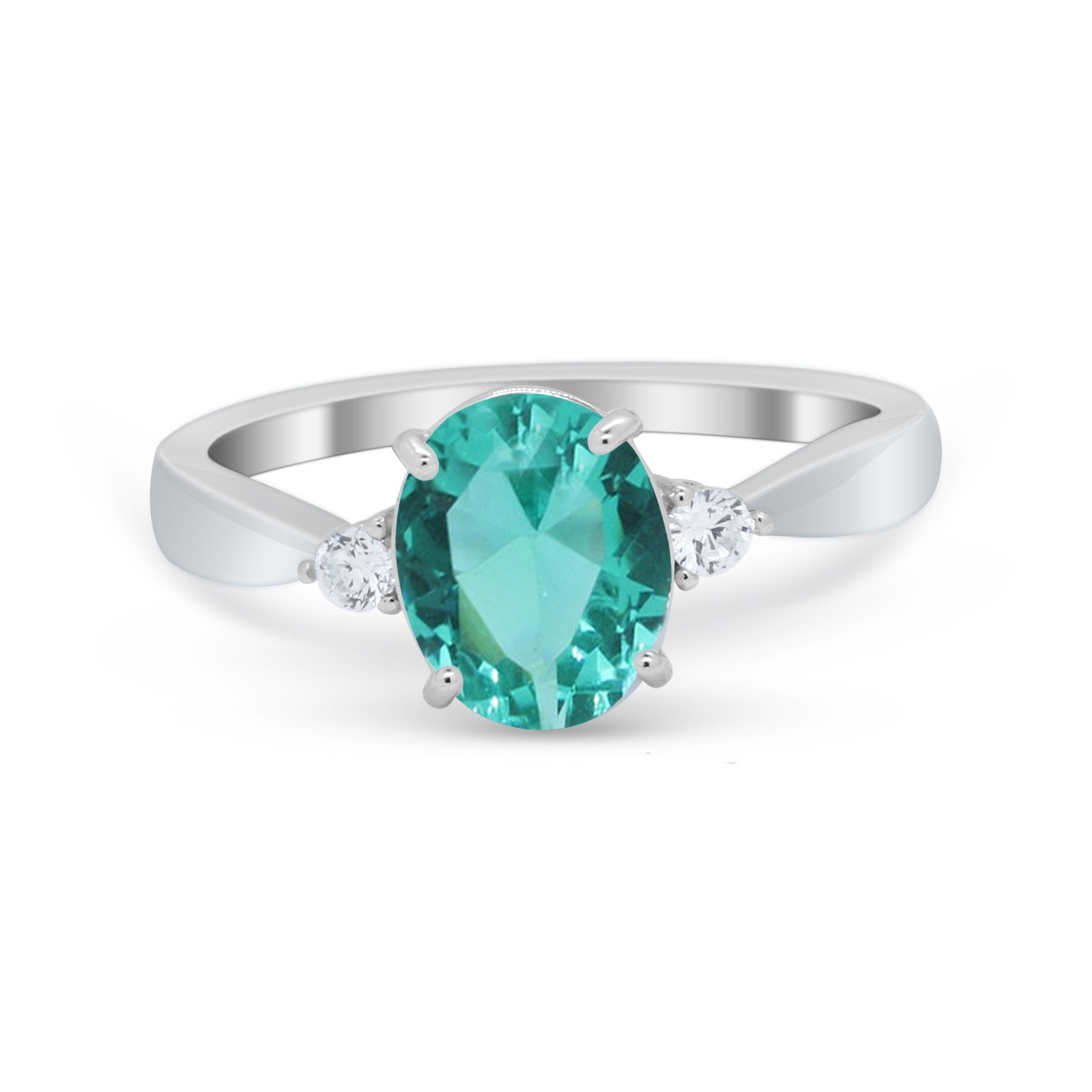 Three Stone Oval Engagement Ring Simulated Paraiba Tourmaline CZ 925 Sterling Silver