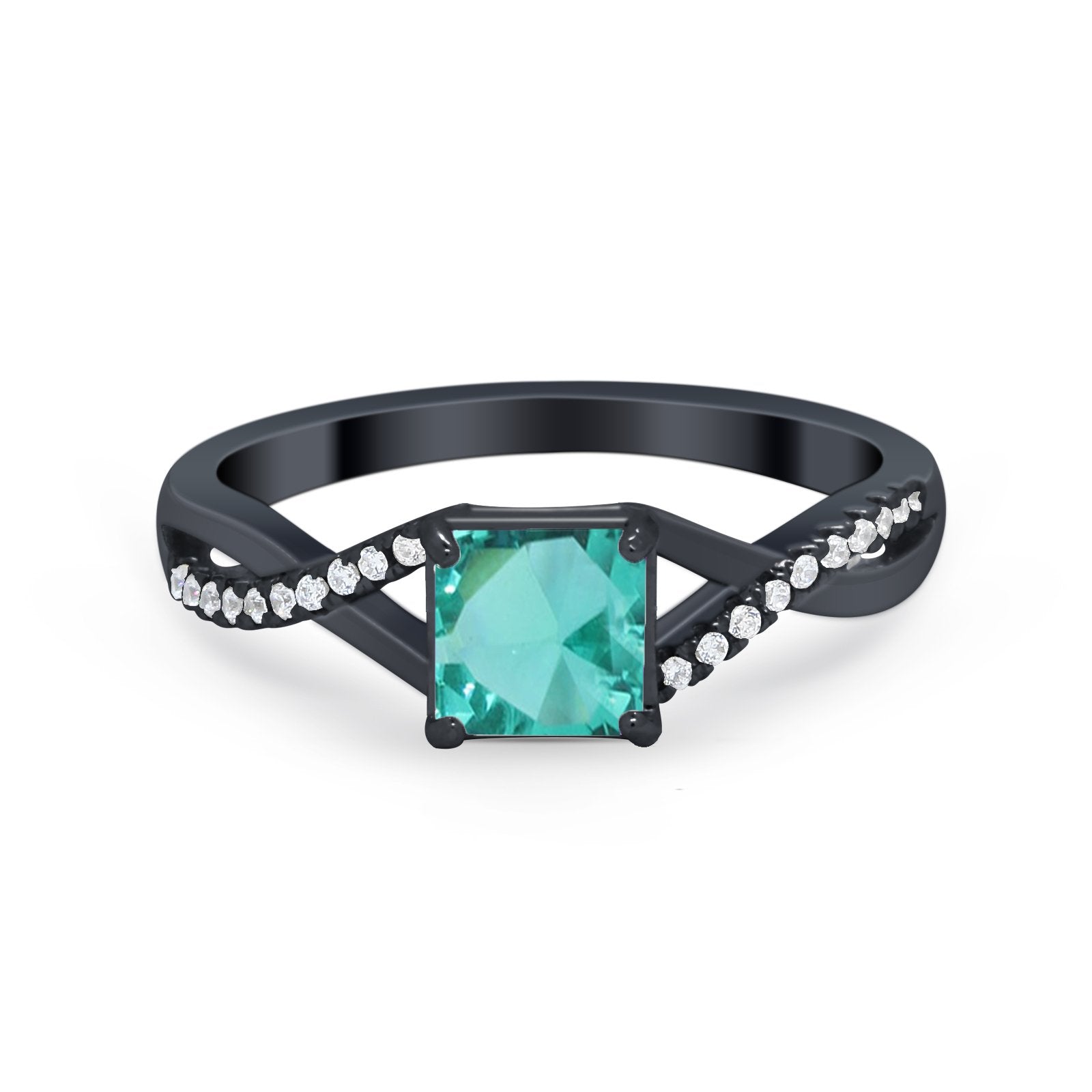 Infinity Shank Princess Cut Engagement Ring Black Tone, Simulated Paraiba Tourmaline CZ 925 Sterling Silver