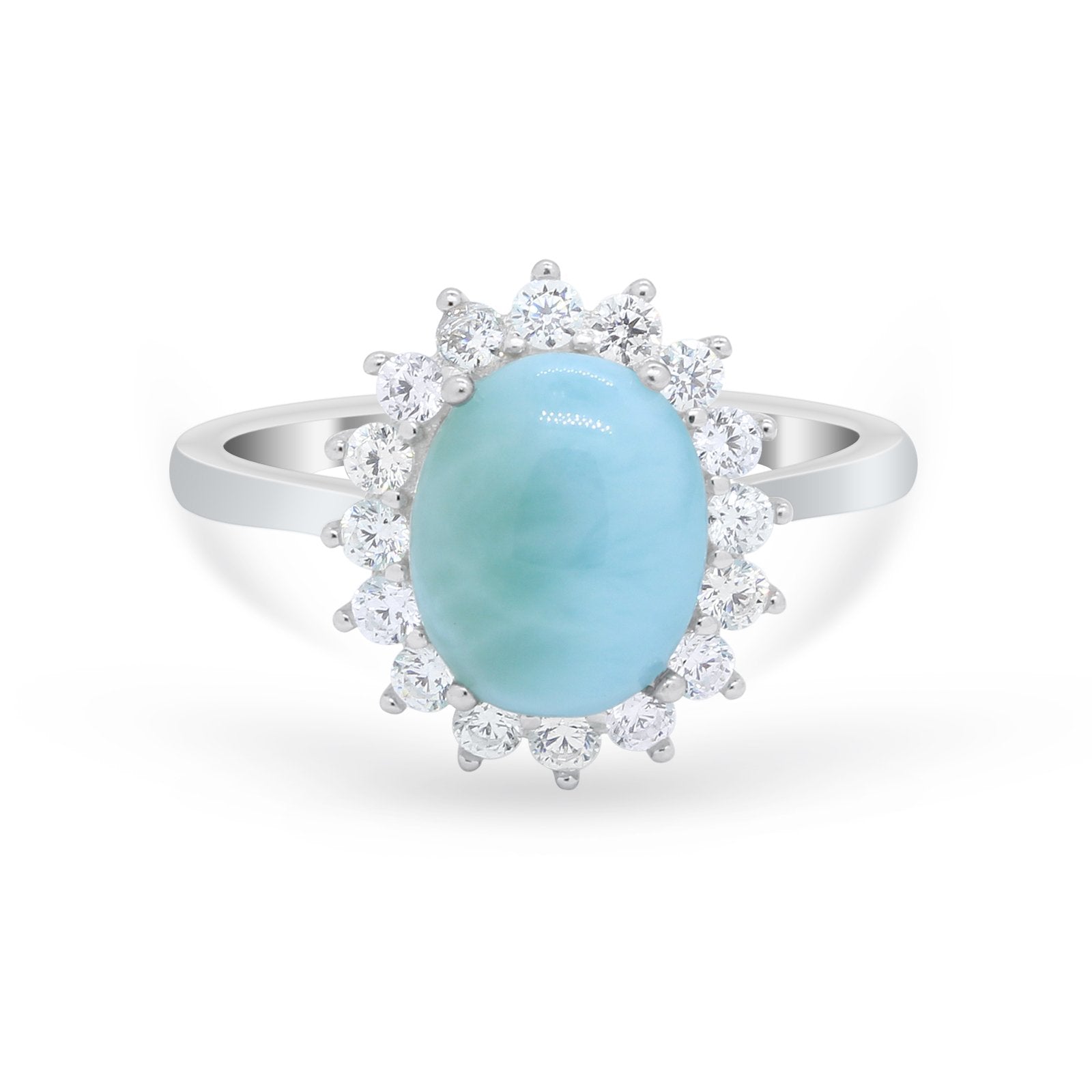 Floral Halo Oval Wedding Engagement  Simulated Larimar CZ Ring 925 Sterling Silver