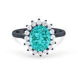 Halo Floral Oval Engagement Bridal Ring Black Tone, Simulated Paraiba Tourmaline CZ 925 Sterling Silver