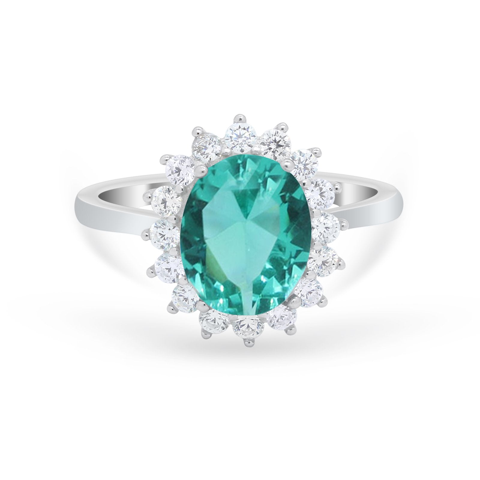 Floral Halo Oval Wedding Engagement Simulated Pariba Tourmaline CZ Ring 925 Sterling Silver