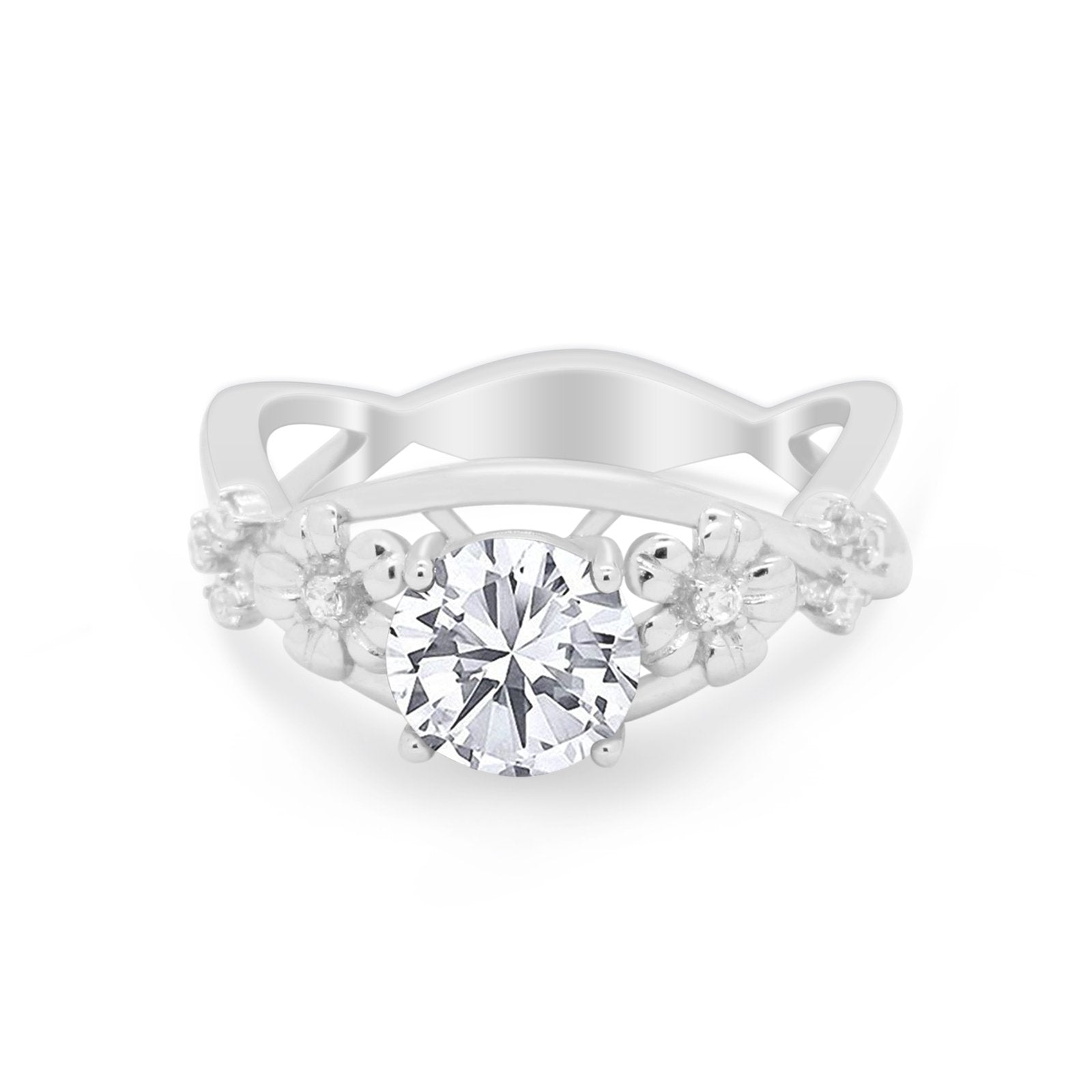 Plumeria Flower Infinity Shank Wedding Ring Simulated CZ 925 Sterling Silver