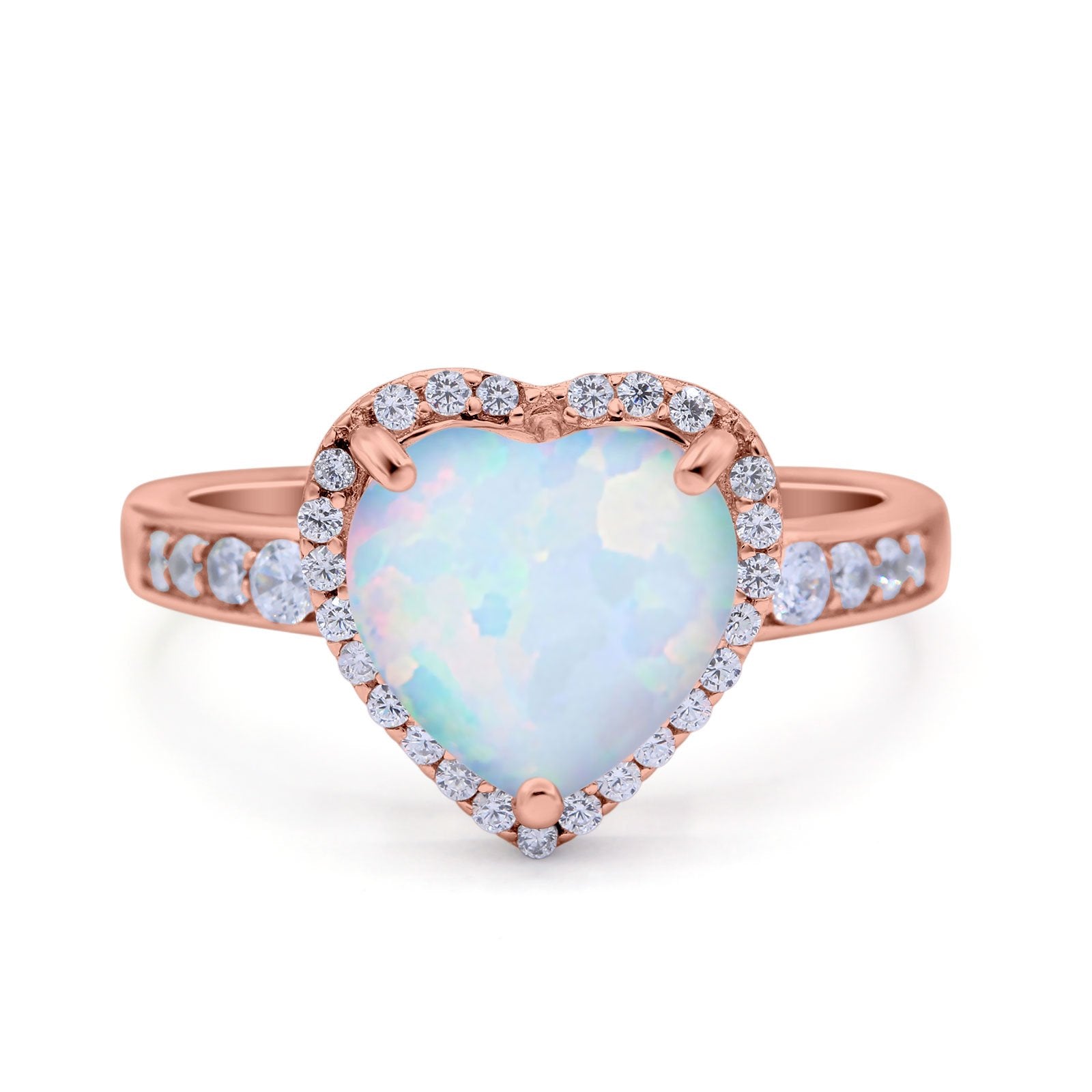Halo Heart Promise Ring Rose Tone, Lab Created White Opal 925 Sterling Silver