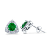 Halo Stud Earrings Simulated Green Emerald CZ Round 925 Sterling Silver(8mm)