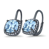 Halo Cushion Leverback Earrings Black Tone, Simulated Aquamarine CZ 925 Sterling Silver