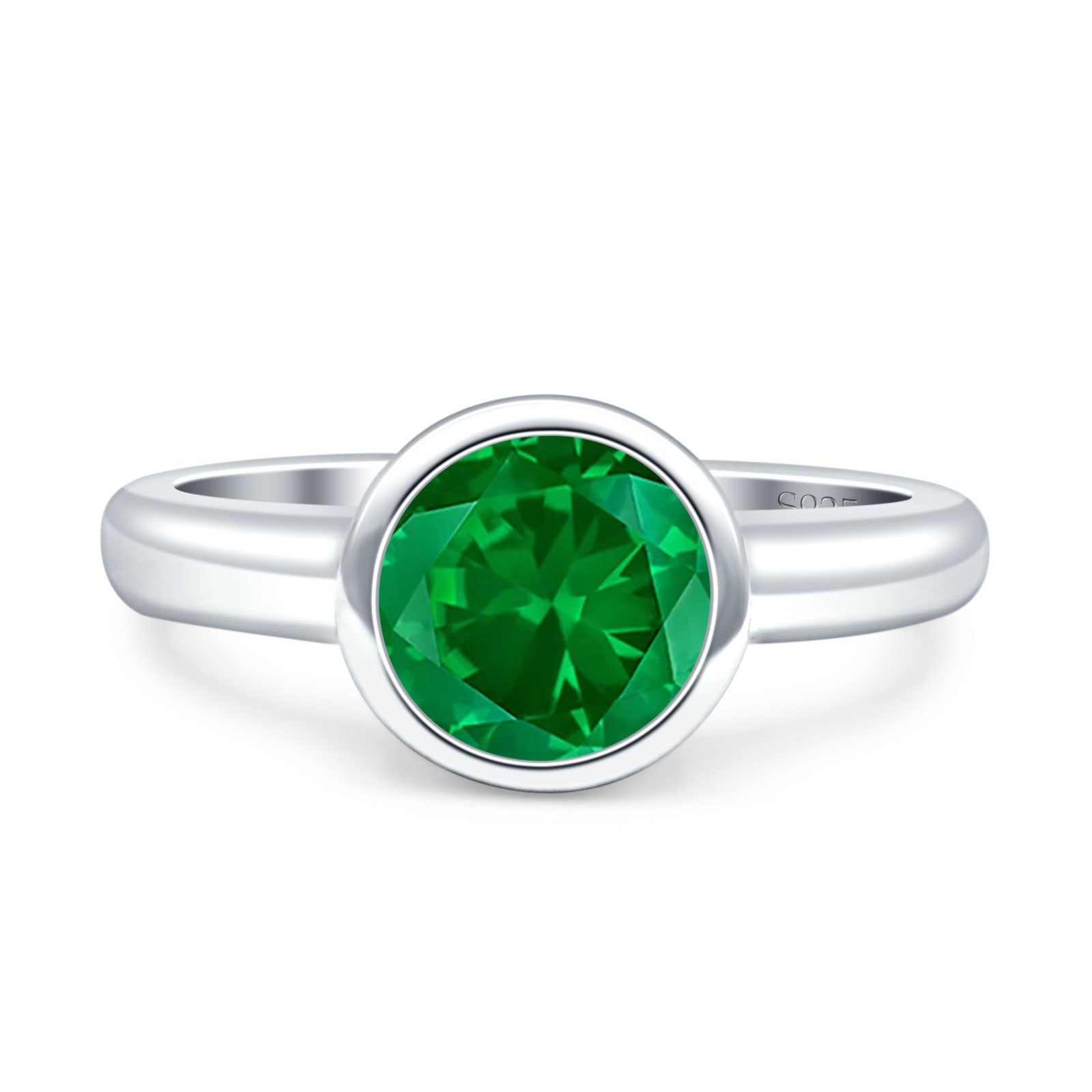 Bezel Set 6mm Round Engagement Ring Simulated Green Emerald CZ 925 Sterling Silver Wholesale