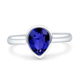 Bezel Set 9mmX6mm Pear Engagement Ring Simulated Blue Sapphire CZ 925 Sterling Silver Wholesale