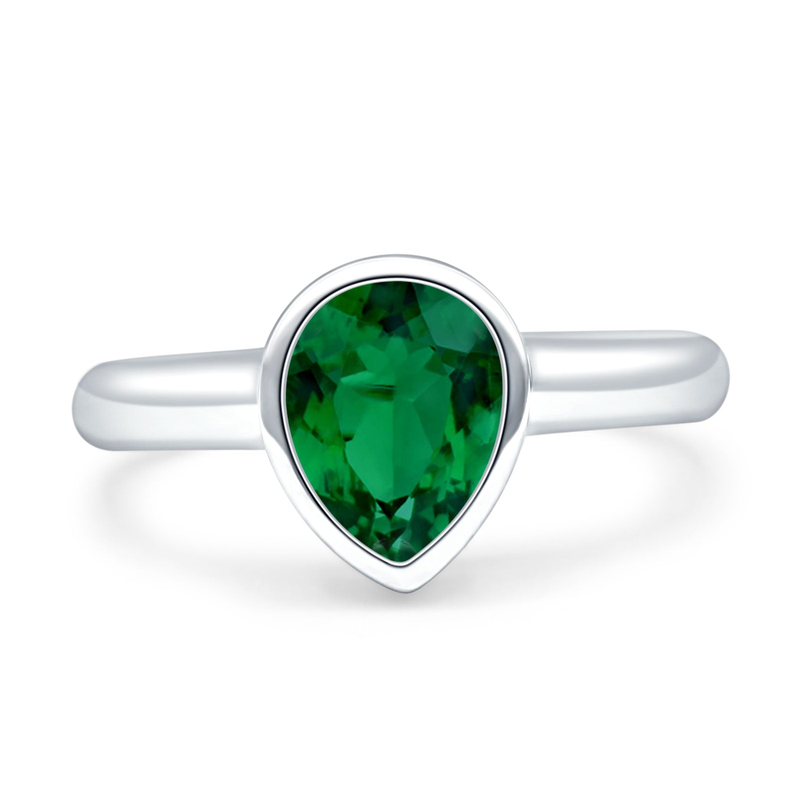 Bezel Set 9mmX7mm Pear Engagement Ring Simulated Green Emerald CZ 925 Sterling Silver Wholesale