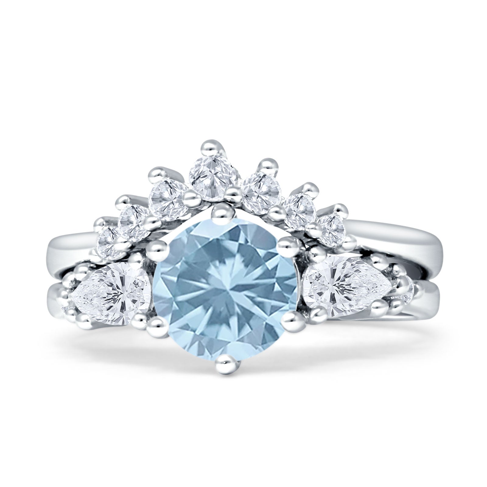 Two Piece Round Vintage Style Bridal Ring Aquamarine CZ 925 Sterling Silver Wholesale