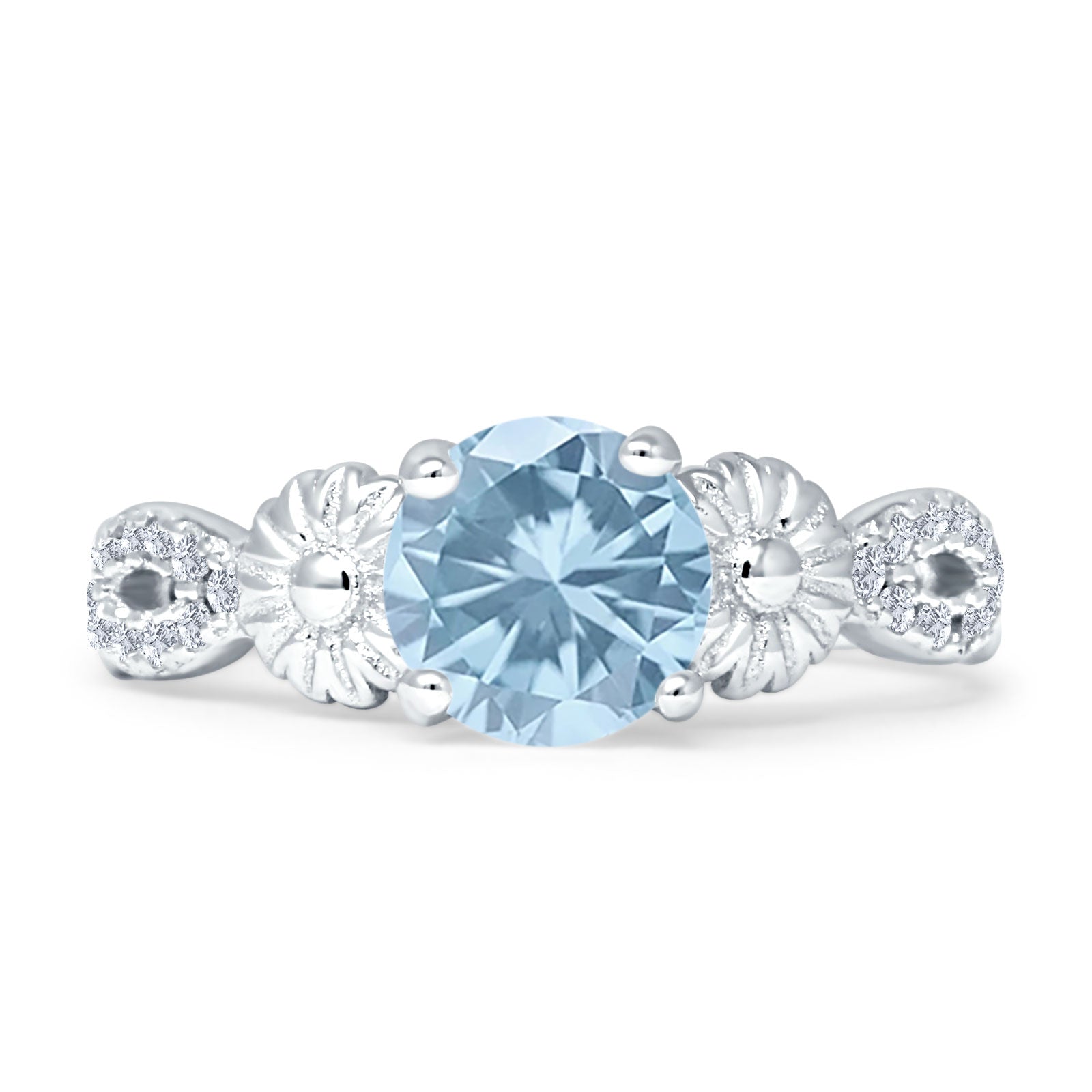 Vintage Style Sunflower Round Aquamarine CZ Ring 925 Sterling Silver Wholesale
