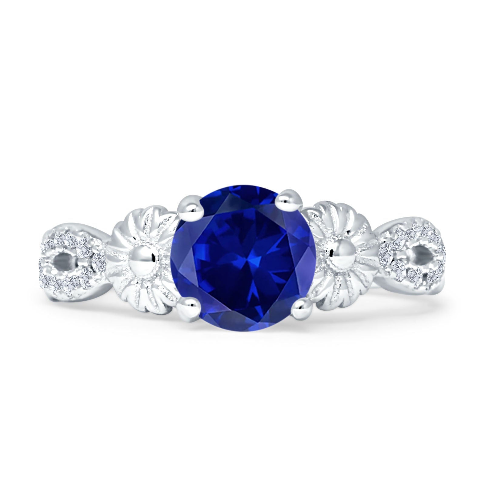 Vintage Style Sunflower Round Blue Sapphire CZ Ring 925 Sterling Silver Wholesale