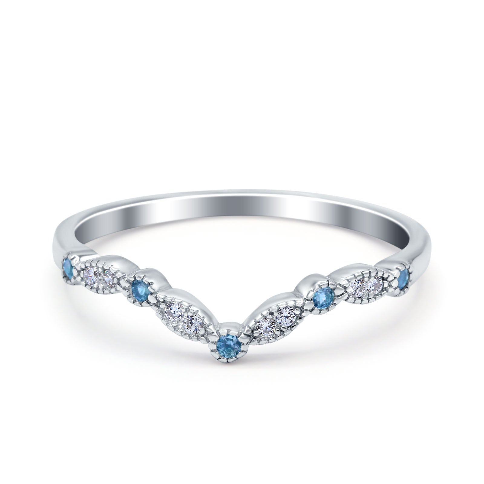 Curved Marquise Half Eternity Stackable Band Ring Simulated Aquamarine CZ 925 Sterling Silver