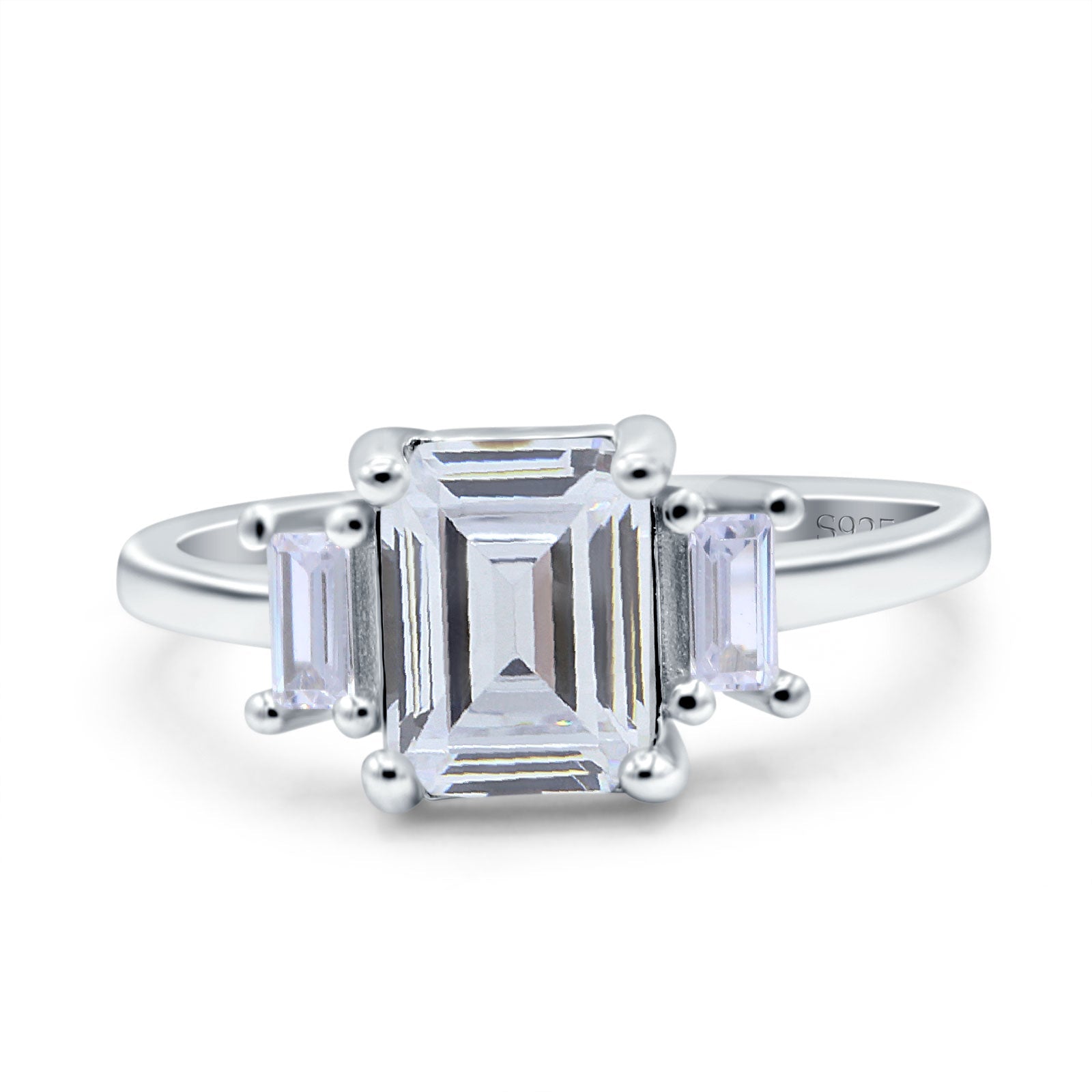 Emerald Cut Art Deco Three Stone Wedding Ring Simulated Cubic Zirconia 925 Sterling Silver