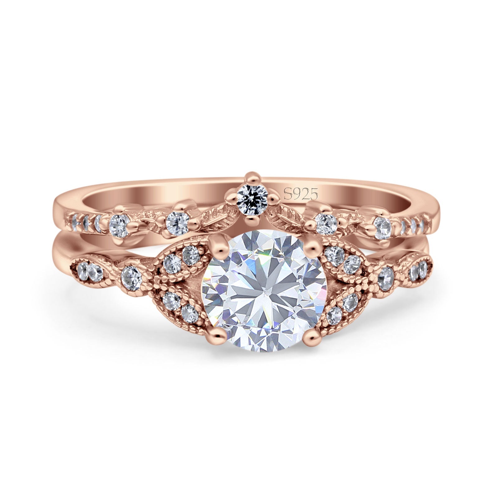 Vintage Style Bridal Ring Two Piece Rose Tone Cubic Zirconia 925 Sterling Silver Wholesale