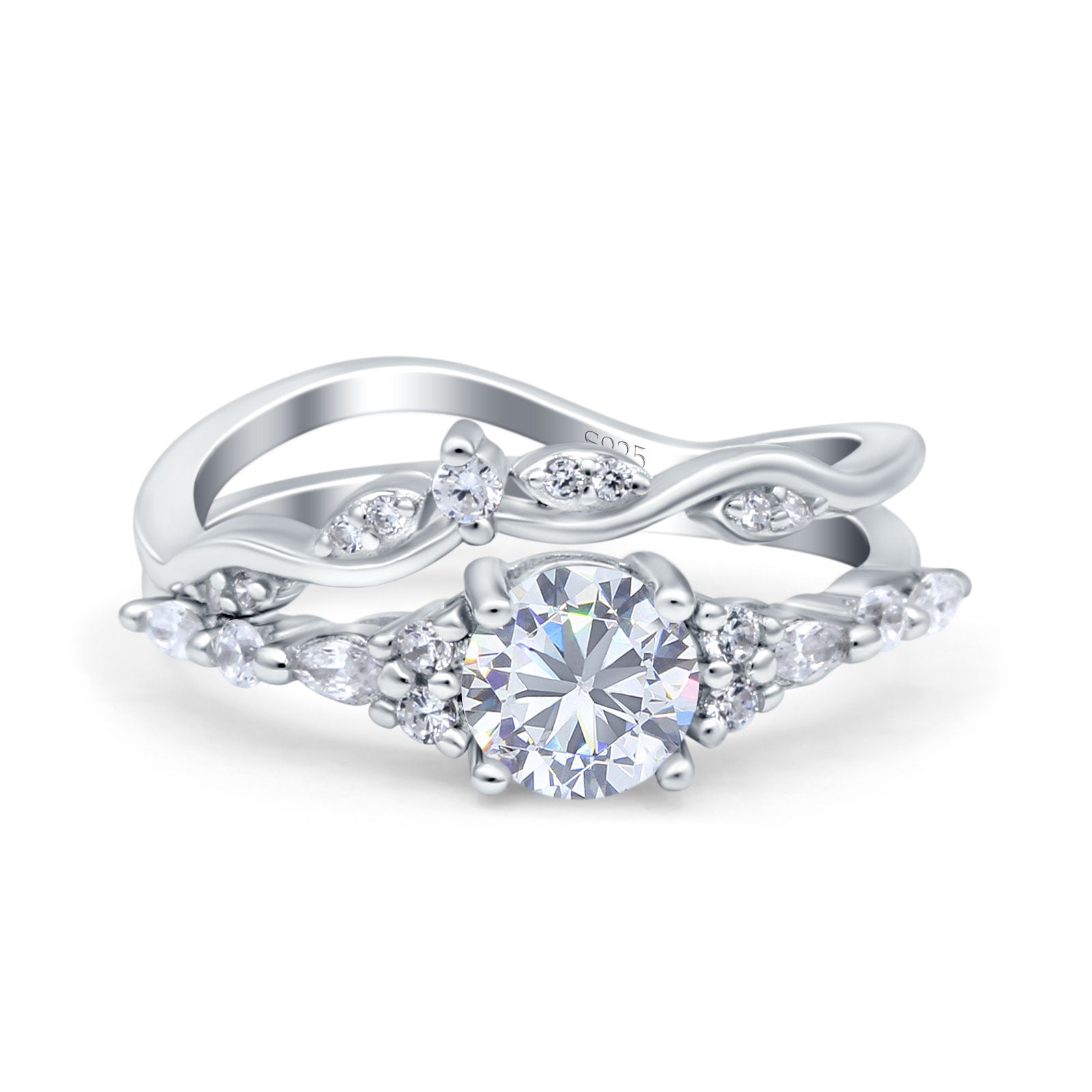 Two Piece Vintage Style Art Deco Engagement Bridal Set Ring Round Simulated Cubic Zirconia 925 Sterling Silver