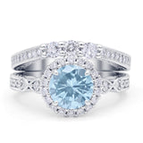 Halo Bridal Set Piece Round Wedding Band Ring Simulated Aquamarine 925 Sterling Silver Wholesale