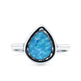 Petite Dainty Pear Lab Created Blue Opal Ring Solid Oxidized 925 Sterling Silver