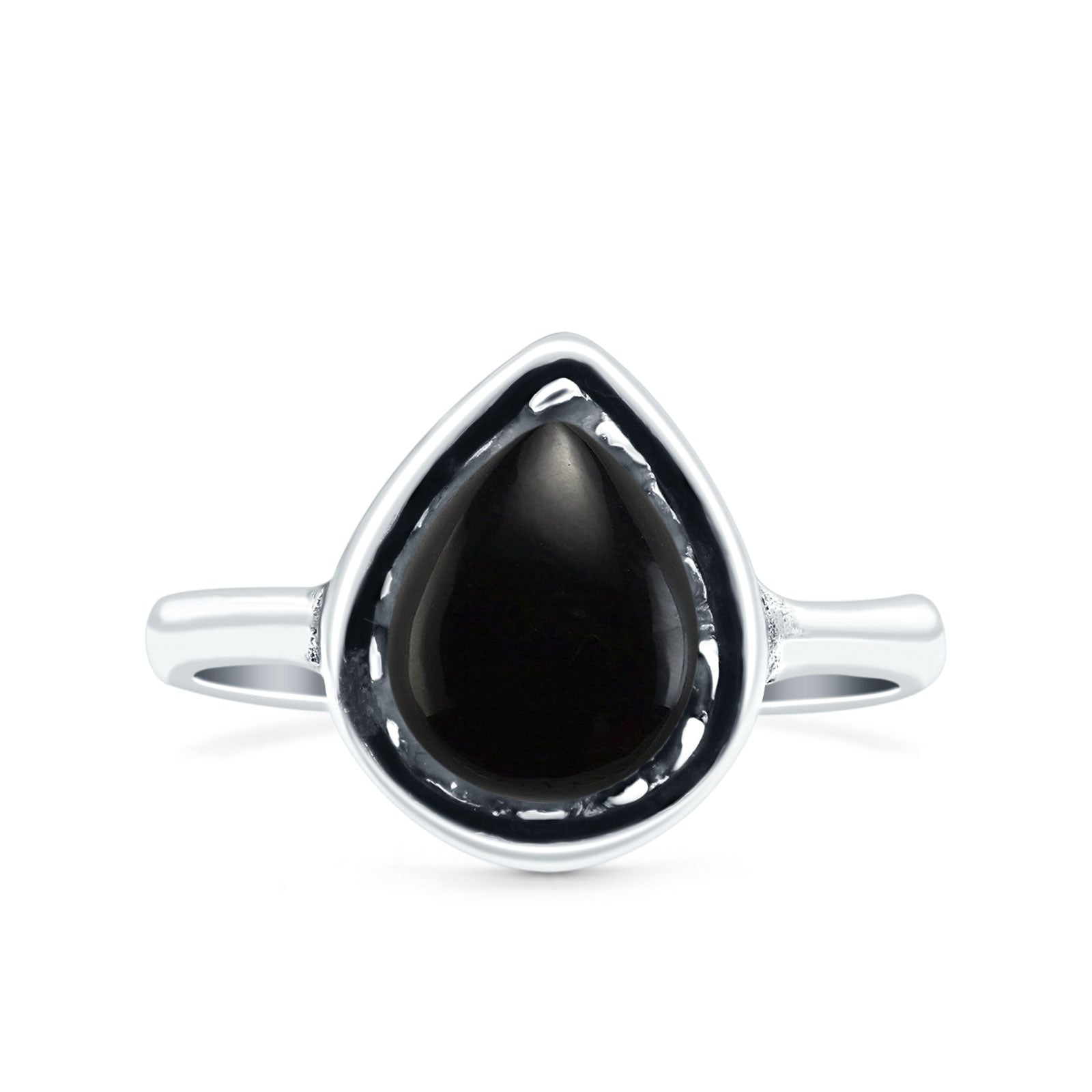 Petite Dainty Pear Simulated Black Onyx Ring Solid Oxidized 925 Sterling Silver