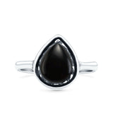 Petite Dainty Pear Simulated Black Onyx Ring Solid Oxidized 925 Sterling Silver
