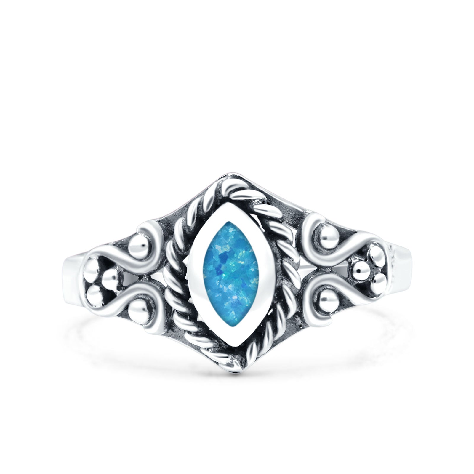 Vintage Style Marquise Lab Created Blue Opal Ring Solid Oxidized 925 Sterling Silver